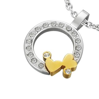 Pendentif acier anneau pav� de pierres et coeurs dor�s