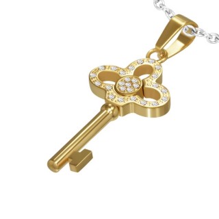 Pendentif acier cl� dor�e sertie avec courrone ajour�e