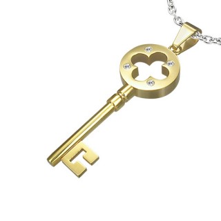 Pendentif acier cl� dor�e sertie avec fleur ajour�e