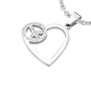 Pendentif acier coeur ajour� et signe de Paix serti