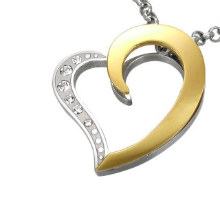Pendentif acier coeur pav� de pierre et demi coeur dor�