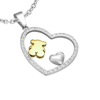 Pendentif acier coeur pav� de pierres, ours et coeur bomb�