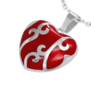 Pendentif acier coeur rouge � spirales
