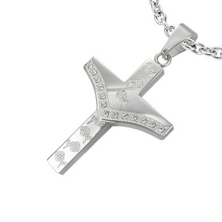 Pendentif acier croix sertie en pointe avec roses grav�es