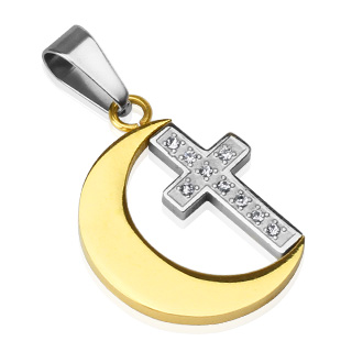 Pendentif acier croix sertie et croissant de lune dor�