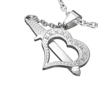 Pendentif acier �p�e et coeur ajour� serti
