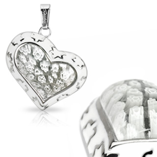 Pendentif acier et verre coeur blanc fleuri et �toil�