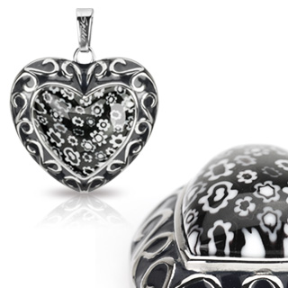 Pendentif acier et verre coeur noir fleuri