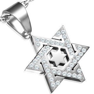 Pendentif acier �toile de David � branches pav�es de pierres