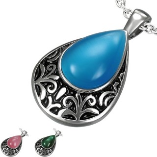 Pendentif acier goutte � fleurs de Lys avec pierre oeil de chat