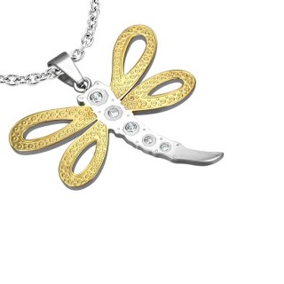 Pendentif acier libellule � ailes dor�es et corps serti