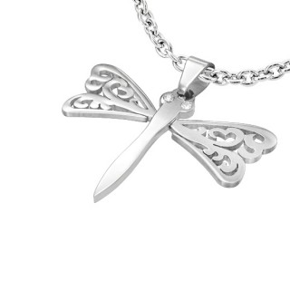 Pendentif acier libellule avec ailes en arabesques