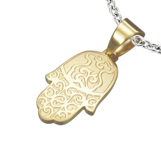 Pendentif acier main de fatima dor�e � arabesques