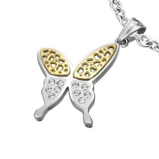 Pendentif acier papillon � ailes serties et ajour�es en coeurs