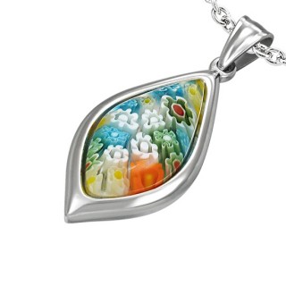 Pendentif acier pointe fleurie multicolore en verre style murano