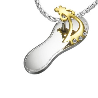 Pendentif acier sandale � demi-lune dor�e