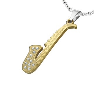 Pendentif acier saxophone pav� de pierres