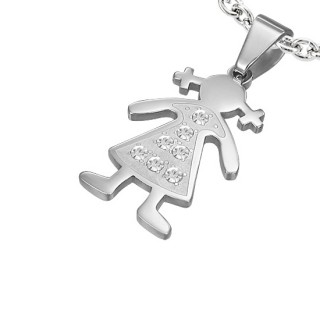 Pendentif acier silhouette de fillette � couette sertie