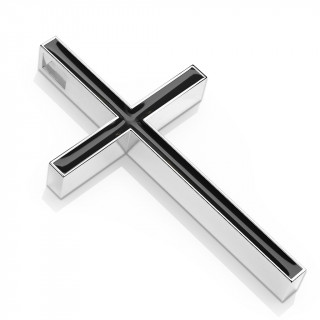 Pendentif croix latine en acier inox et �maill� noir