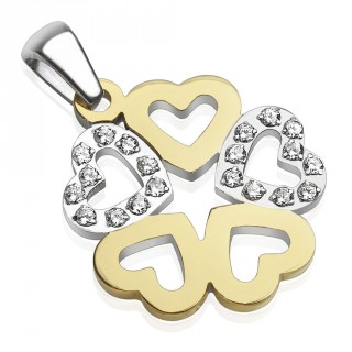 Pendentif farandole de cinq coeurs en acier dor�s et argent�s sertis