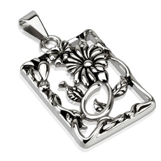 Pendentif femme acier � cadre fleuri avec feuilles