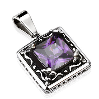 Pendentif femme acier cadre � fleurs de Lys et pierre violette