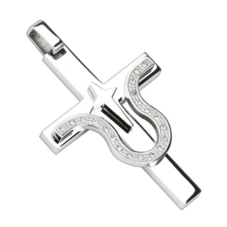 Pendentif femme acier croix � courbure sertie et �toile polaire