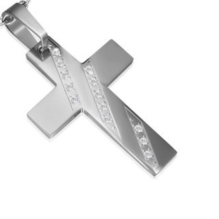 Pendentif femme acier croix � diagonales serties