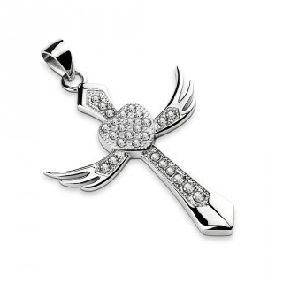 Pendentif femme acier croix ail�e sertie avec coeur au centre