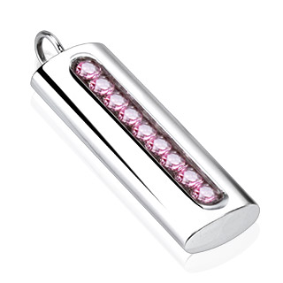 Pendentif femme acier cylindre ovale � ligne de pierres roses