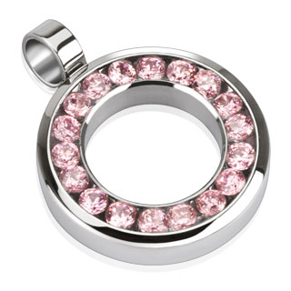 Pendentif femme acier double anneau cercl� de pierres roses