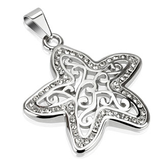 Pendentif femme acier �toile de mer pav�e de pierres