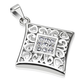 Pendentif femme acier losange � spirales et coeurs