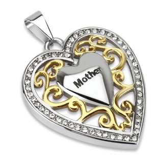 Pendentif femme acier "Mother" sur coeur pav� de pierres avec arabesques