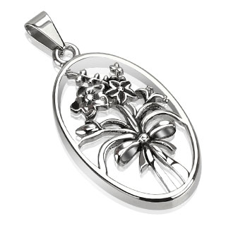 Pendentif femme acier ovale � bouquet de fleurs
