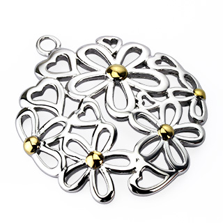 Pendentif femme acier rond de fleurs et coeurs