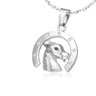Pendentif femme acier t�te et fer � cheval sertis
