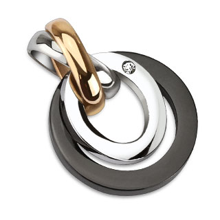 Pendentif femme acier trois tons � anneaux crois�s