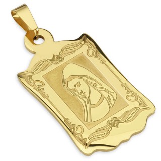 Pendentif plaque en acier dor� avec vierge Marie grav�e
