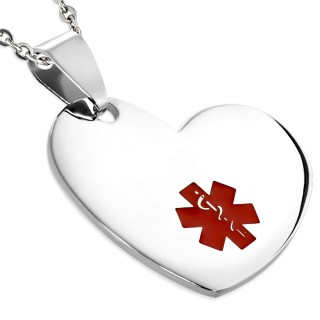 Pendentif plaque en coeur en acier avec croix m�dicale rouge