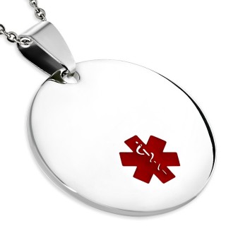 Pendentif plaque ronde en acier avec croix m�dicale rouge