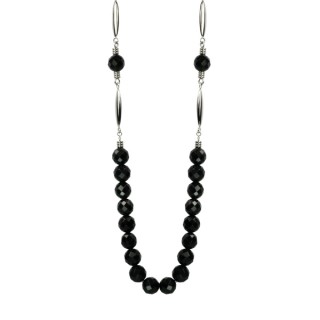 Sautoir acier � perles d'onyx facett�es